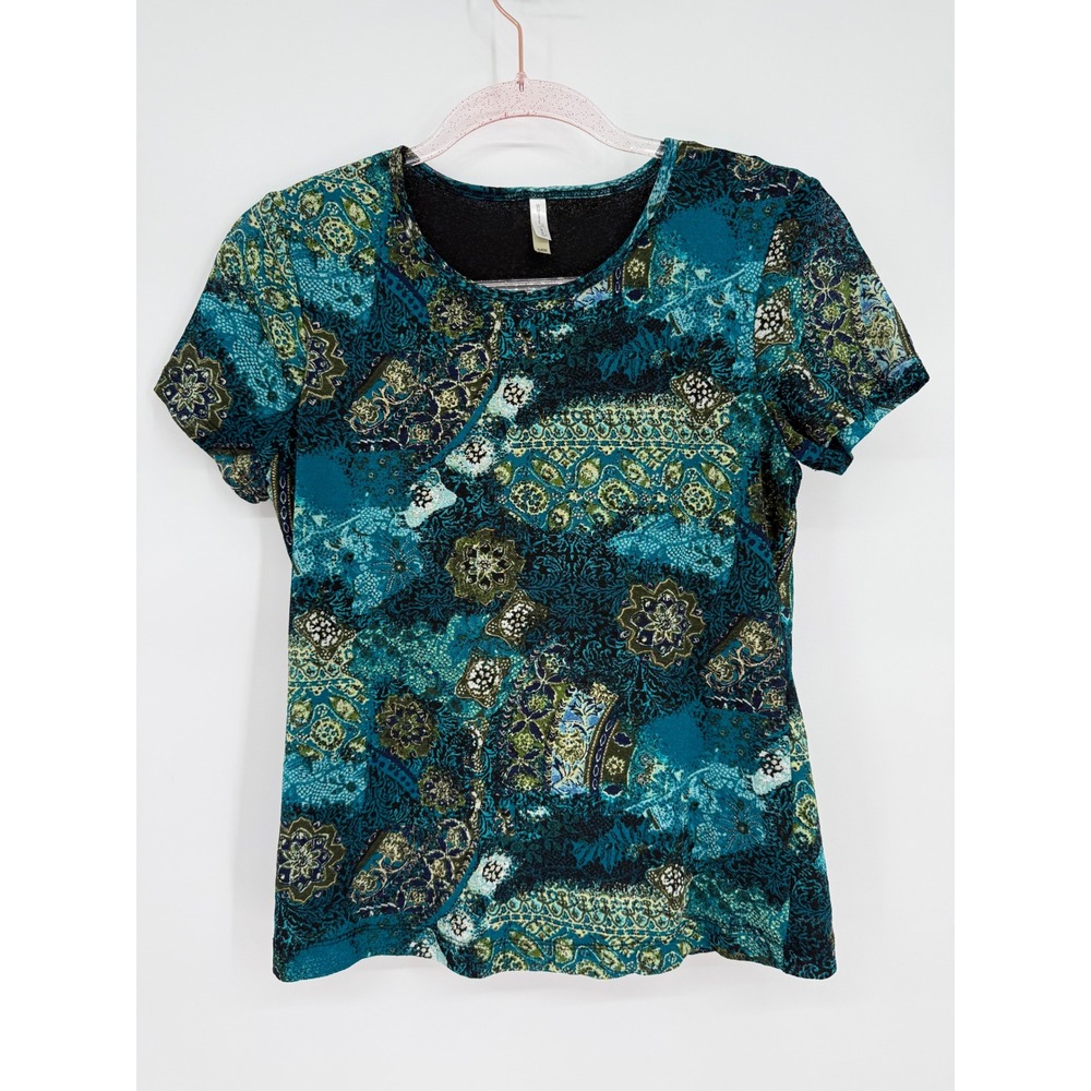 White Stag Womens Teal Green Paisley Mosaic Print Scoop Neck Short Sleeve Top‎ S